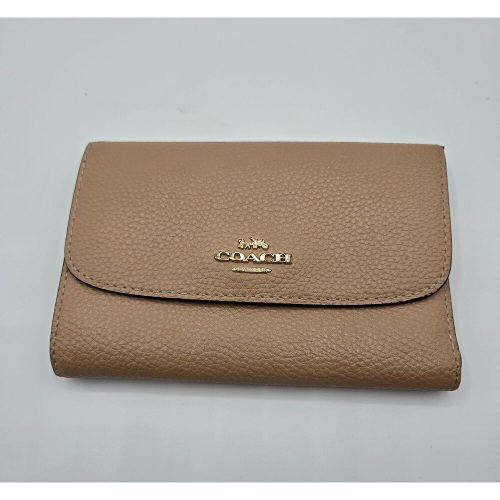 COACH Tan Pebbled Leather Wallet With Gold Accents